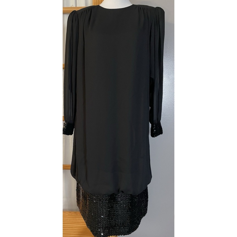 Vtg 80s Chez California Evening Dress 20W Black Sequined Hem USA Made Cocktail